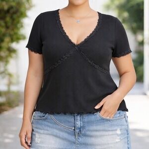 NOBO Ribbed Lace Trim Top XXL(19) Juniors Black Babydoll Goth Y2K 90's Grunge